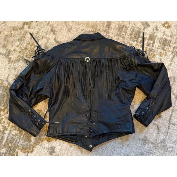 VTG Winlit Black Leather Fringed Cropped Biker Motorcycle Jacket Silver L - Picture 2 of 6